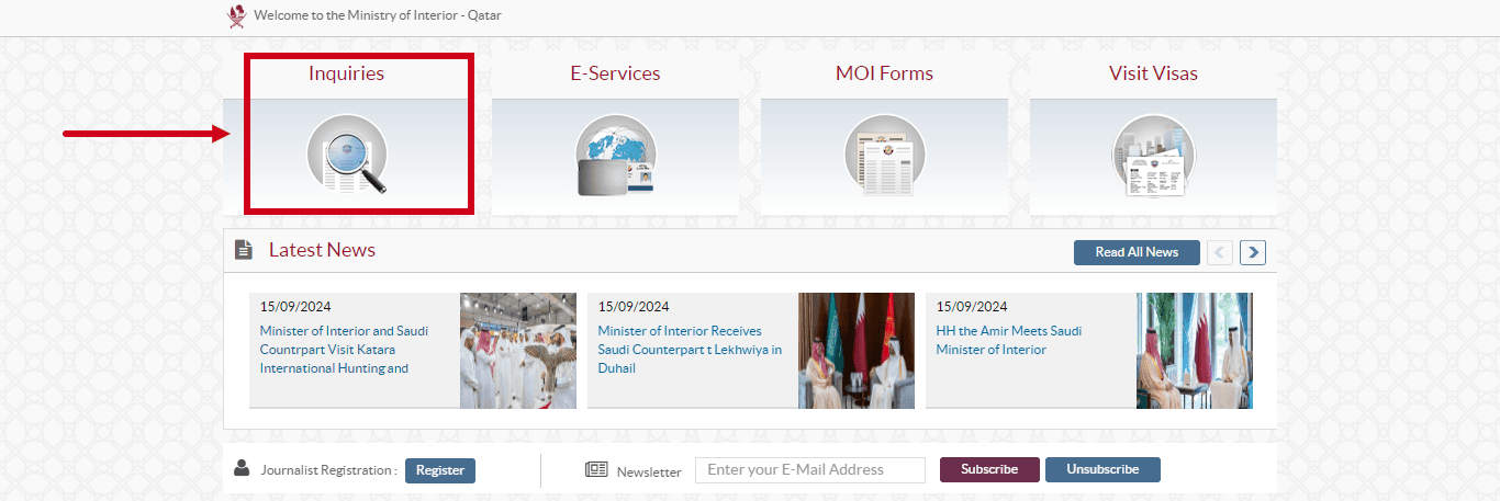 Homepage inquiries section on MOI Qatar website for visa status checks