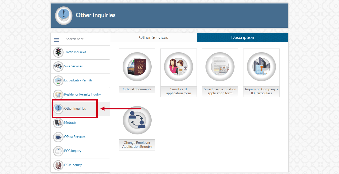 Other Inquiries service option on MOI Qatar for ID checks