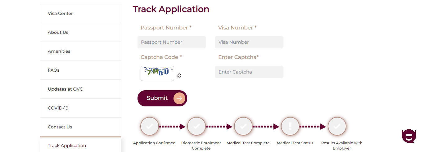 Form for entering passport and visa number to track application status