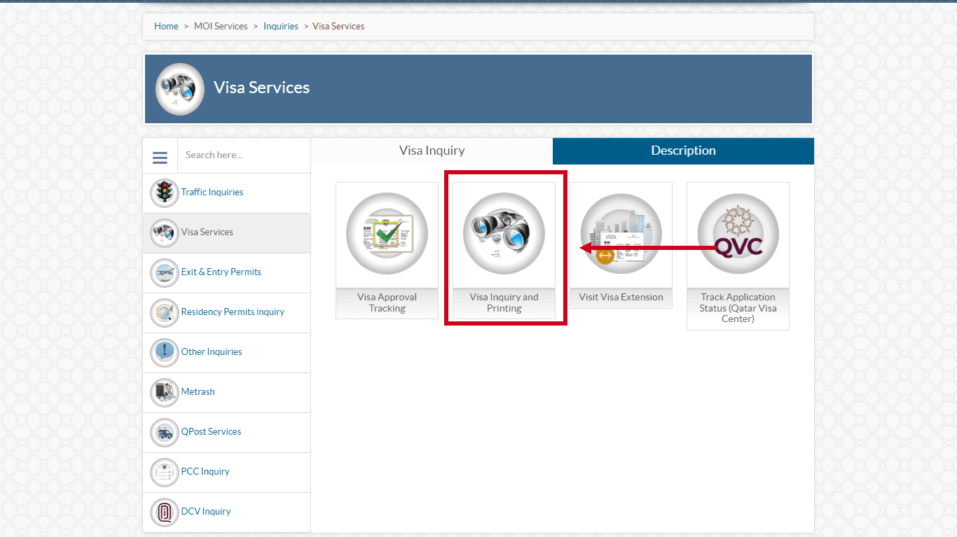Visa Inquiry and Printing service selected on MOI Qatar portal