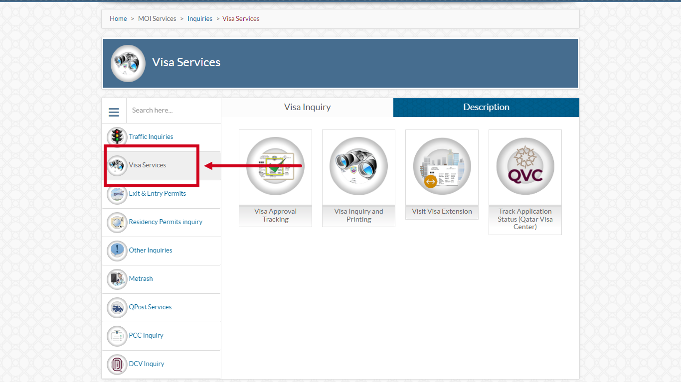 Visa Services option in MOI Qatar inquiries menu